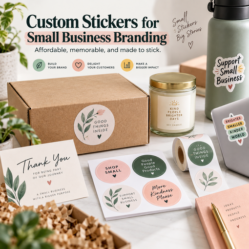 Custom stickers for small business branding displayed on packaging, a thank-you card, candle, water bottle, laptop, and sticker sheets.