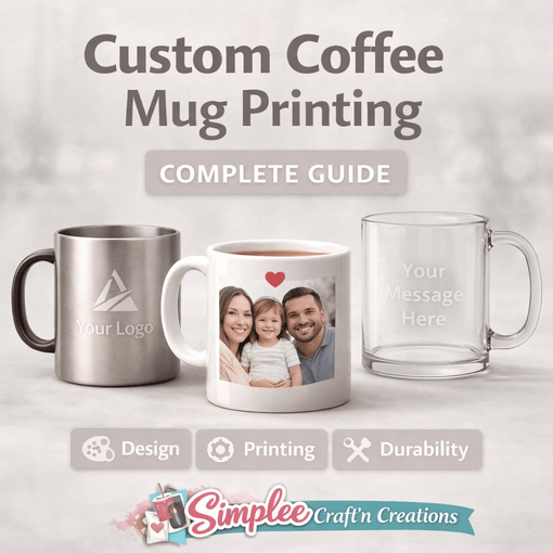 Custom personalized mugs in a photo sitting on a white counter top with different custom designs.