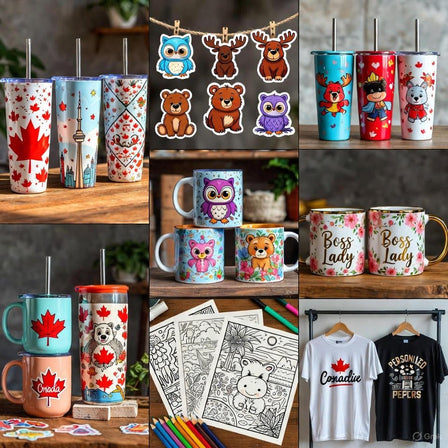 A shelf of tumblers, mugs, stickers and t-shirts displayed with different Canadian designs.
