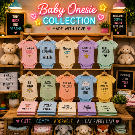 Cute custom baby onesies with personalized designs — handmade in Calgary, Canada