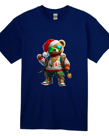 Men's graphic tee on a Navy blue t-shirt, Bear wearing a Santa hat and sunglasses.