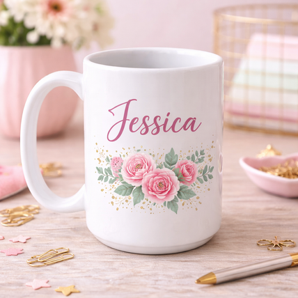 White ceramic mug with the words “Your Design Here” on the front, placed on a cozy beige surface beside an open book and warm blanket in soft natural lighting.