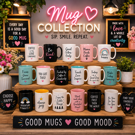 Mug collection with vibrant vibes