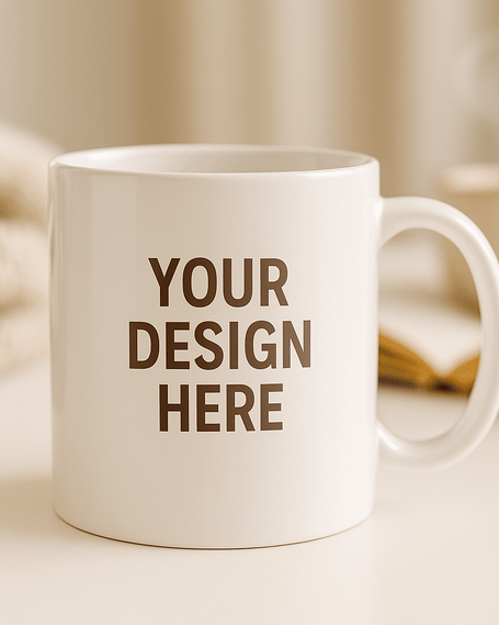 White ceramic mug with the words “Your Design Here” on the front, placed on a cozy beige surface beside an open book and warm blanket in soft natural lighting.