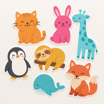 Collection of colorful die-cut animal stickers including cats, dogs, and bears arranged on a white surface with some overlapping.