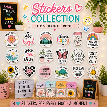 Colourful kawaii animal die-cut stickers including cats, dogs, and bears — made in Canada