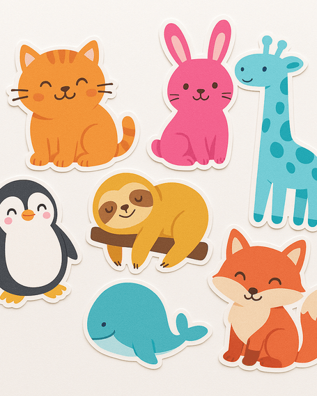 Collection of colorful die-cut animal stickers including cats, dogs, and bears arranged on a white surface with some overlapping.
