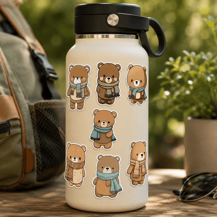 White water bottle with bear illustrations wearing scarves on a wooden surface with a blurred natural background.