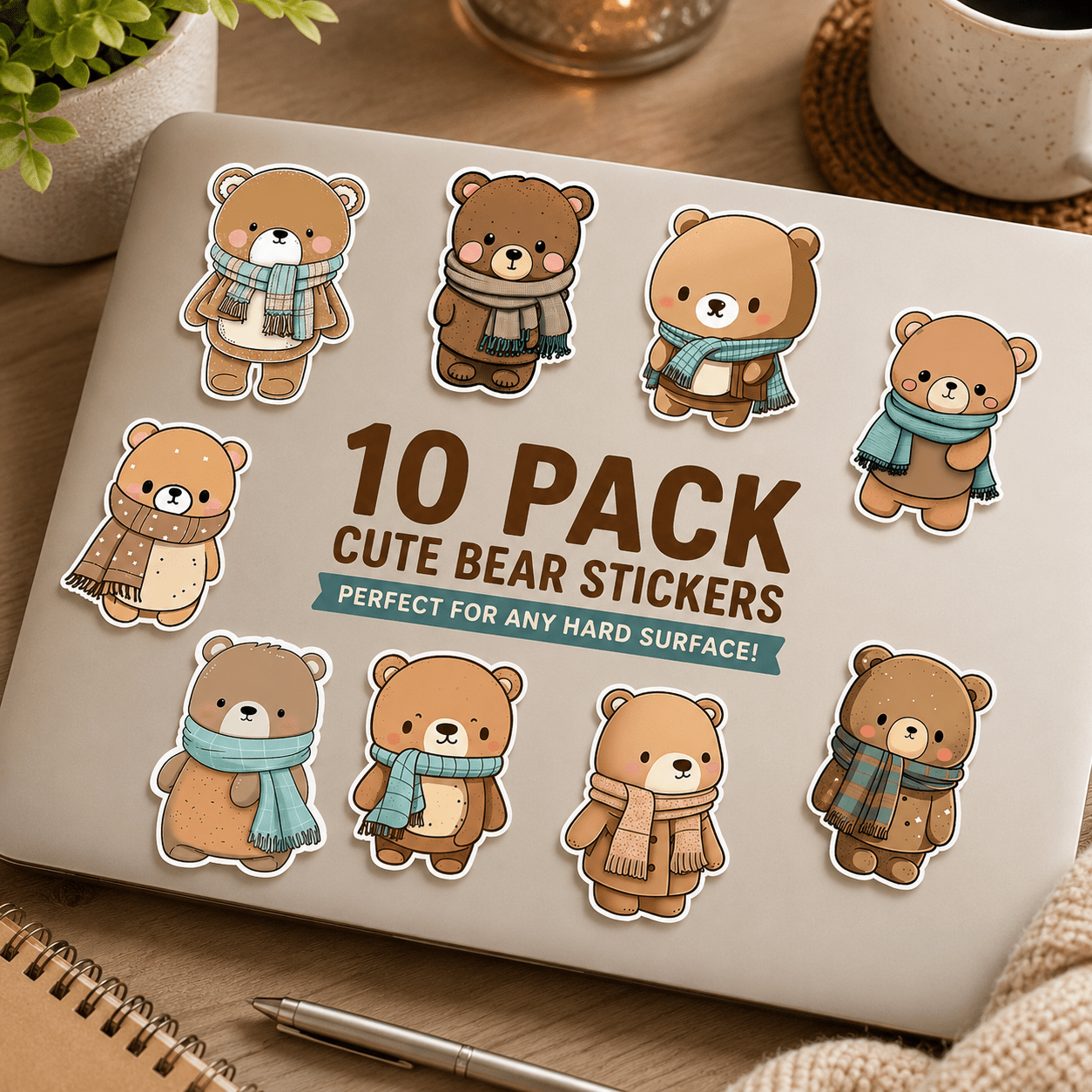 Pack of cute bear stickers with scarves on a laptop