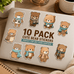 Pack of cute bear stickers with scarves on a laptop