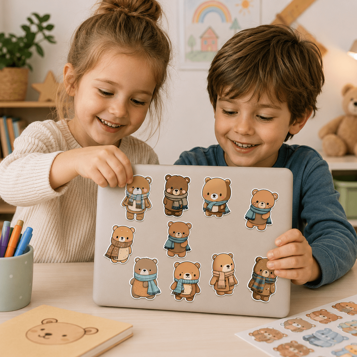 Two children playing with bear stickers on a laptop in a classroom setting.
