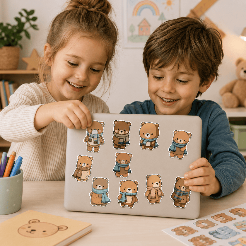 Two children playing with bear stickers on a laptop in a classroom setting.