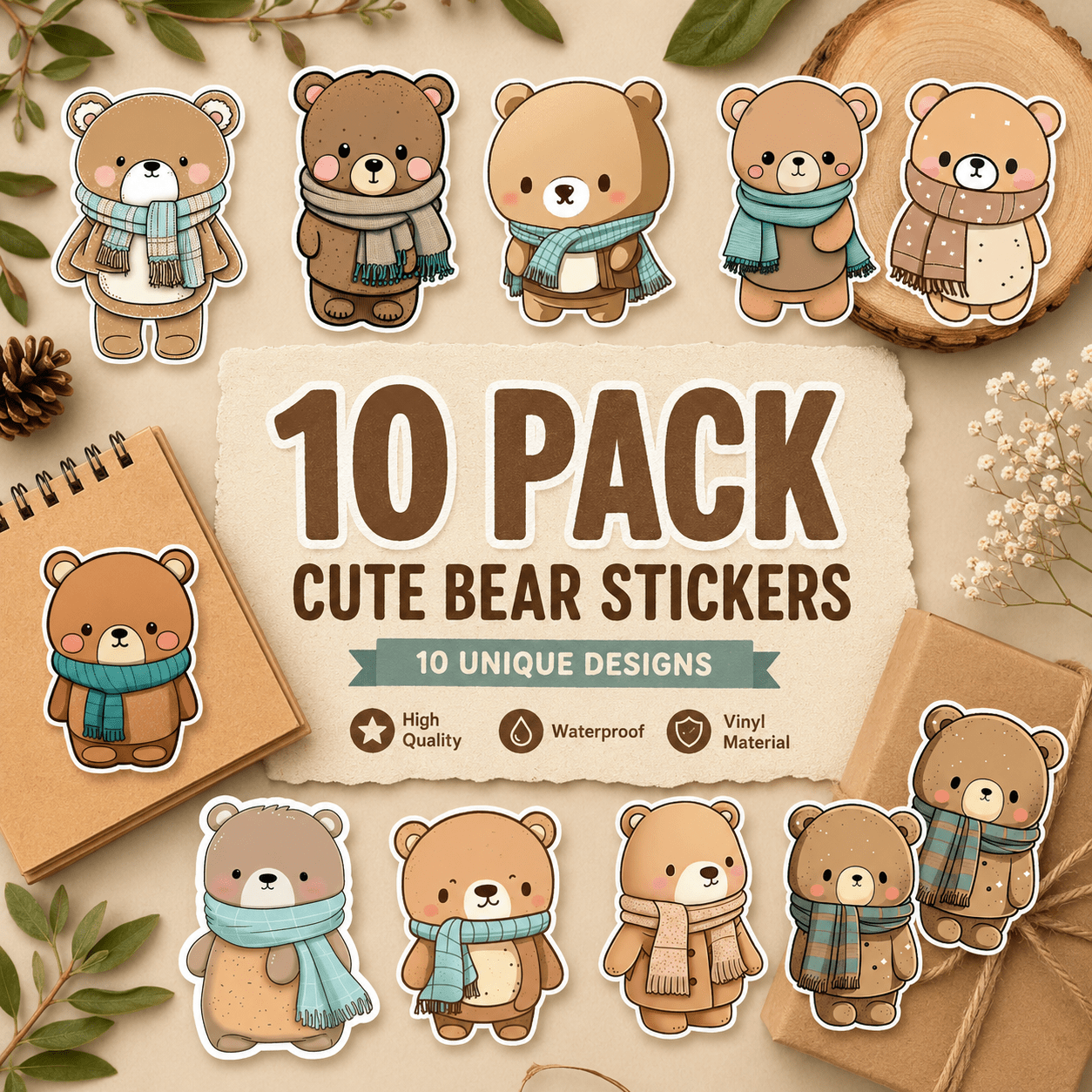 10-pack of cute bear stickers with a wooden background