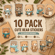 10-pack of cute bear stickers with a wooden background