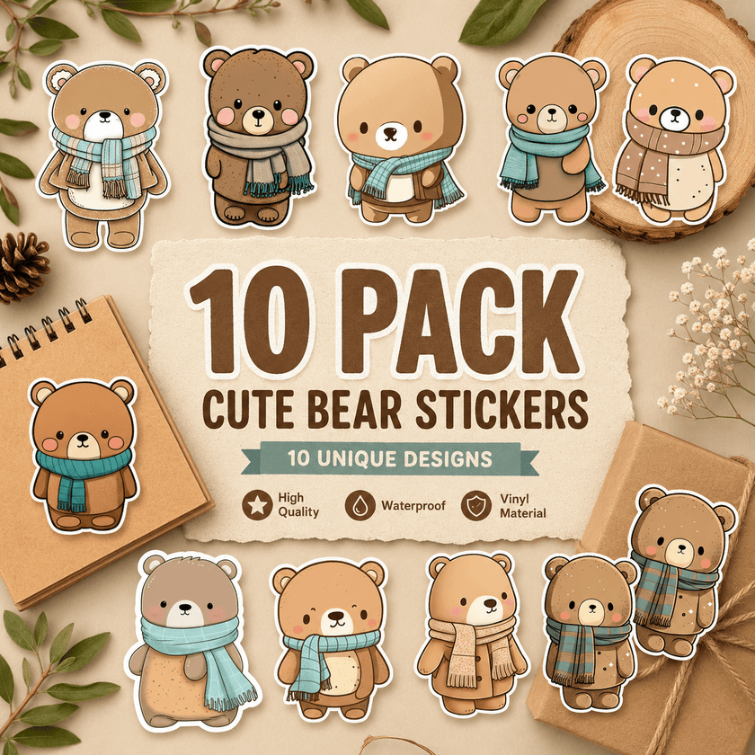 10-pack of cute bear stickers with a wooden background