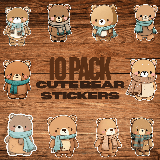 10 pack of cute bear stickers featuring adorable bears wearing colorful scarves.