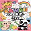 Kawaii coloring pages book cover featuring a panda, giraffe, puppy and rainbow with cute pastel designs for kids.
