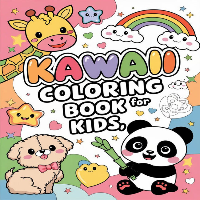 Kawaii coloring pages book cover featuring a panda, giraffe, puppy and rainbow with cute pastel designs for kids.
