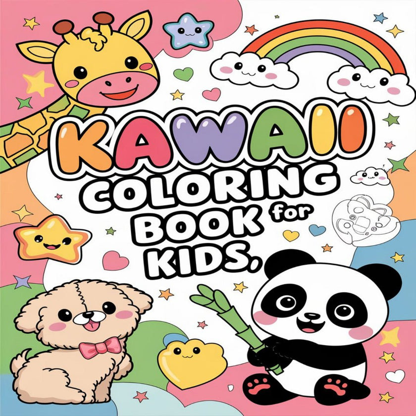 Kawaii coloring pages book cover featuring a panda, giraffe, puppy and rainbow with cute pastel designs for kids.