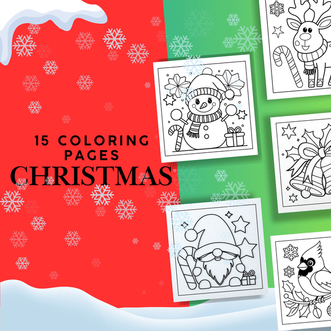 15 printable Christmas coloring pages featuring festive holiday designs — snowman, Santa, reindeer, ornaments, and bells.
