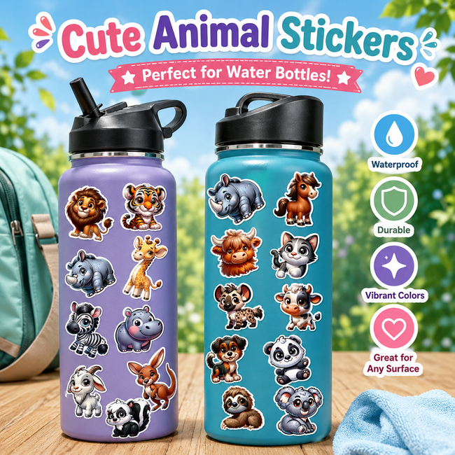 Two water bottles with animal stickers on a wooden surface with a natural background.