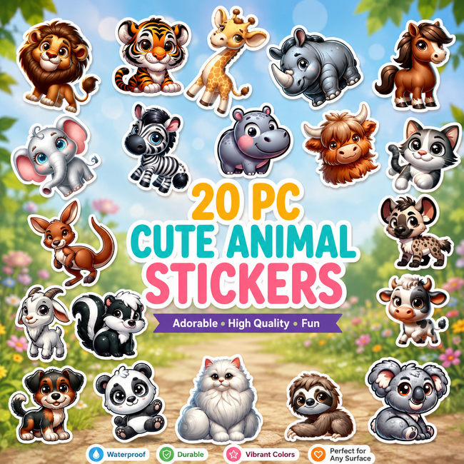 Set of 20 cute animal stickers with a colorful background