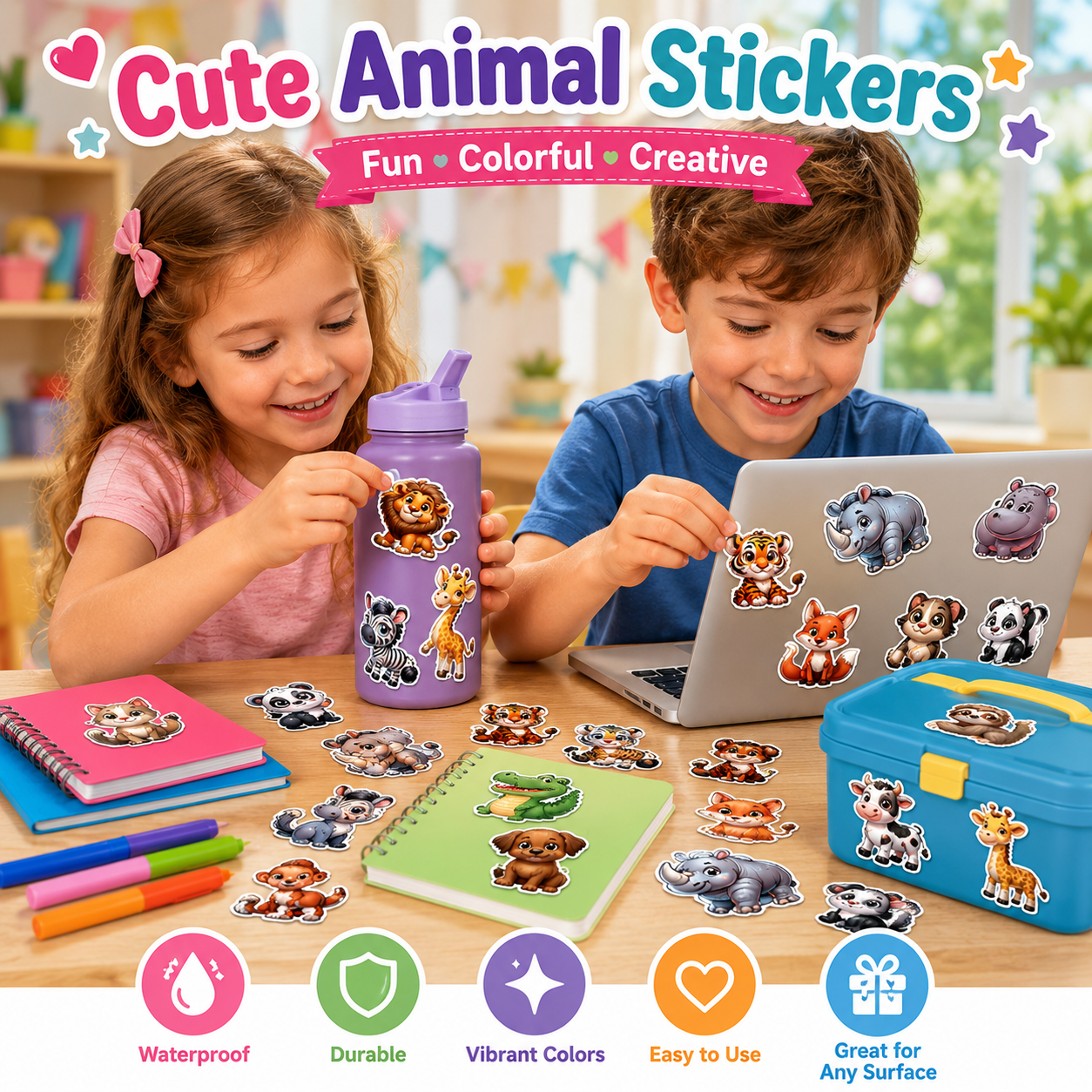 Two children using animal stickers on a laptop and water bottle in a classroom setting.