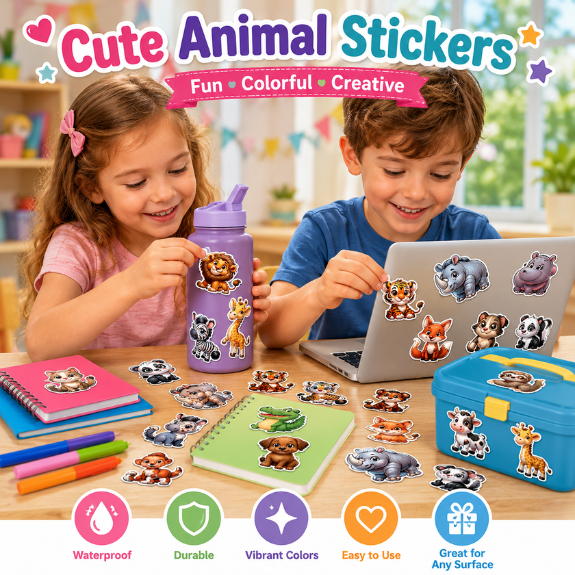 Two children using animal stickers on a laptop and water bottle in a classroom setting.
