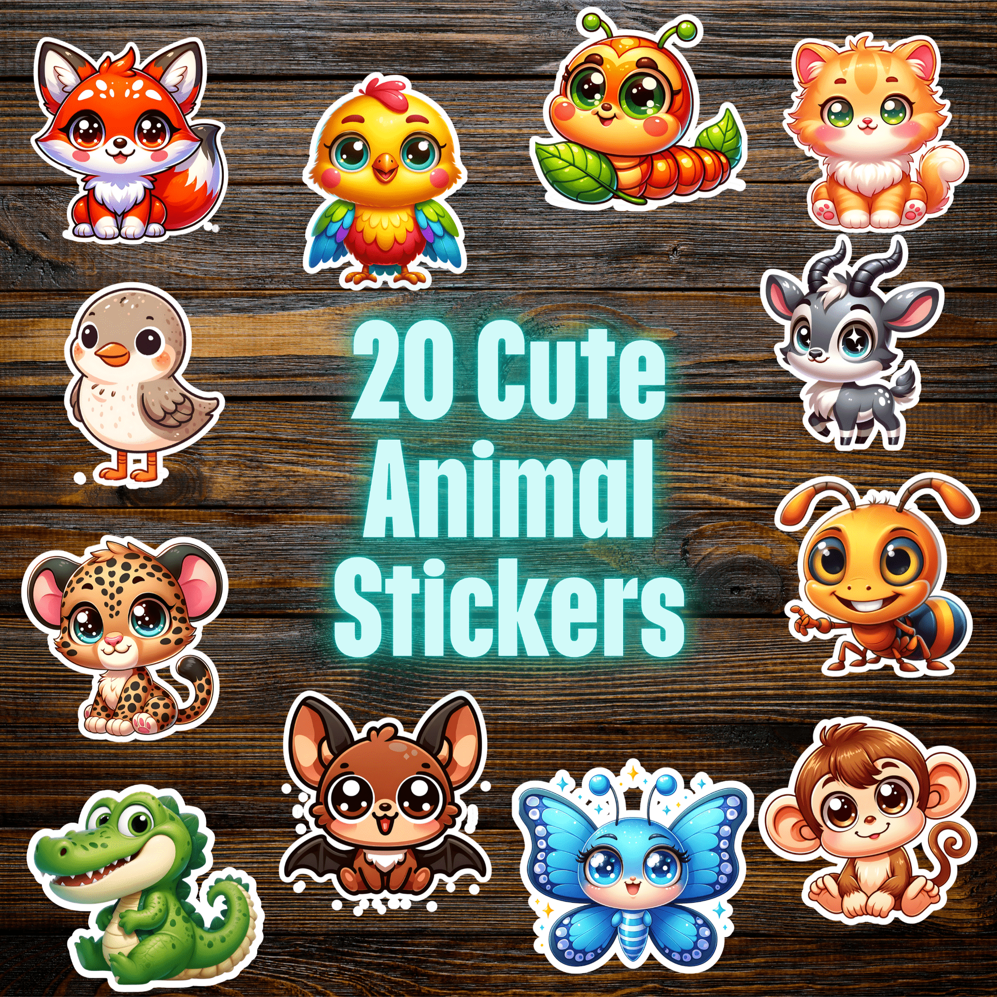 Collection of cute animal stickers on a wooden background perfect for decorating laptops, notebooks and crafts.