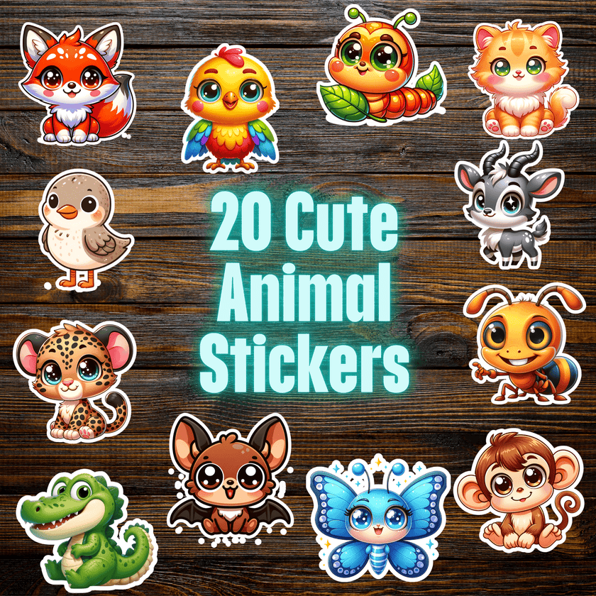 Collection of cute animal stickers on a wooden background perfect for decorating laptops, notebooks and crafts.
