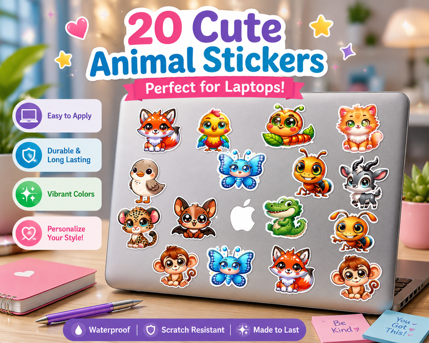 Laptop with cute animal stickers on a desk, with product details and benefits displayed.