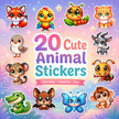 Collection of 20 cute animal stickers on a colorful background