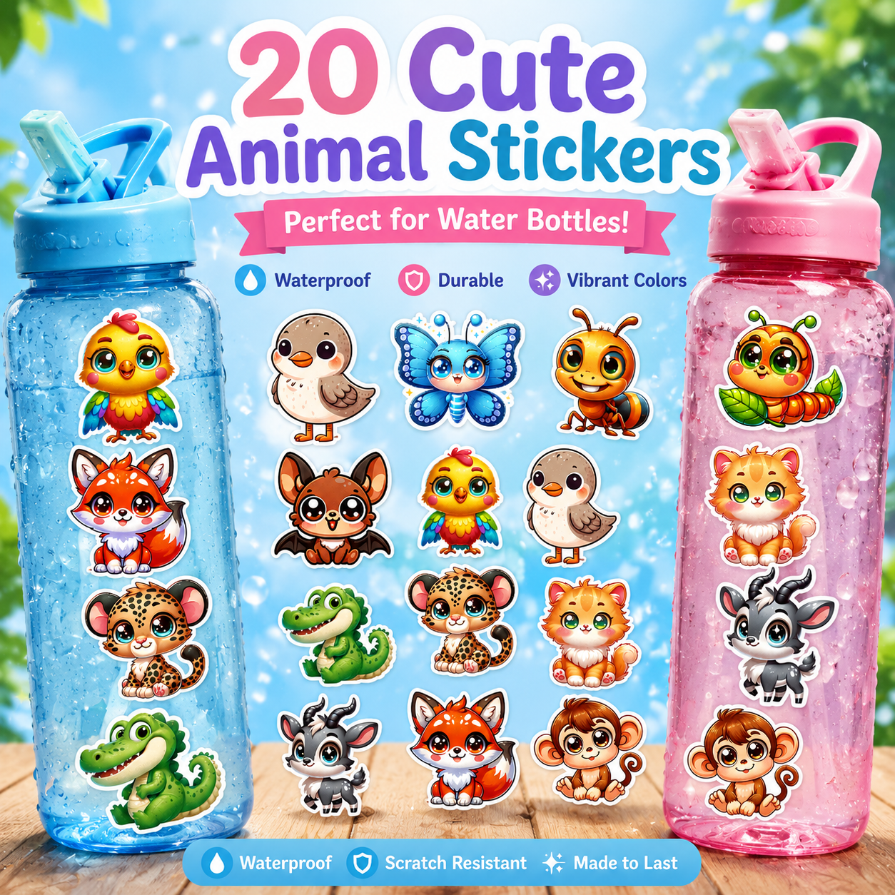 Two water bottles with animal stickers on a blue background, featuring text about the stickers' features.