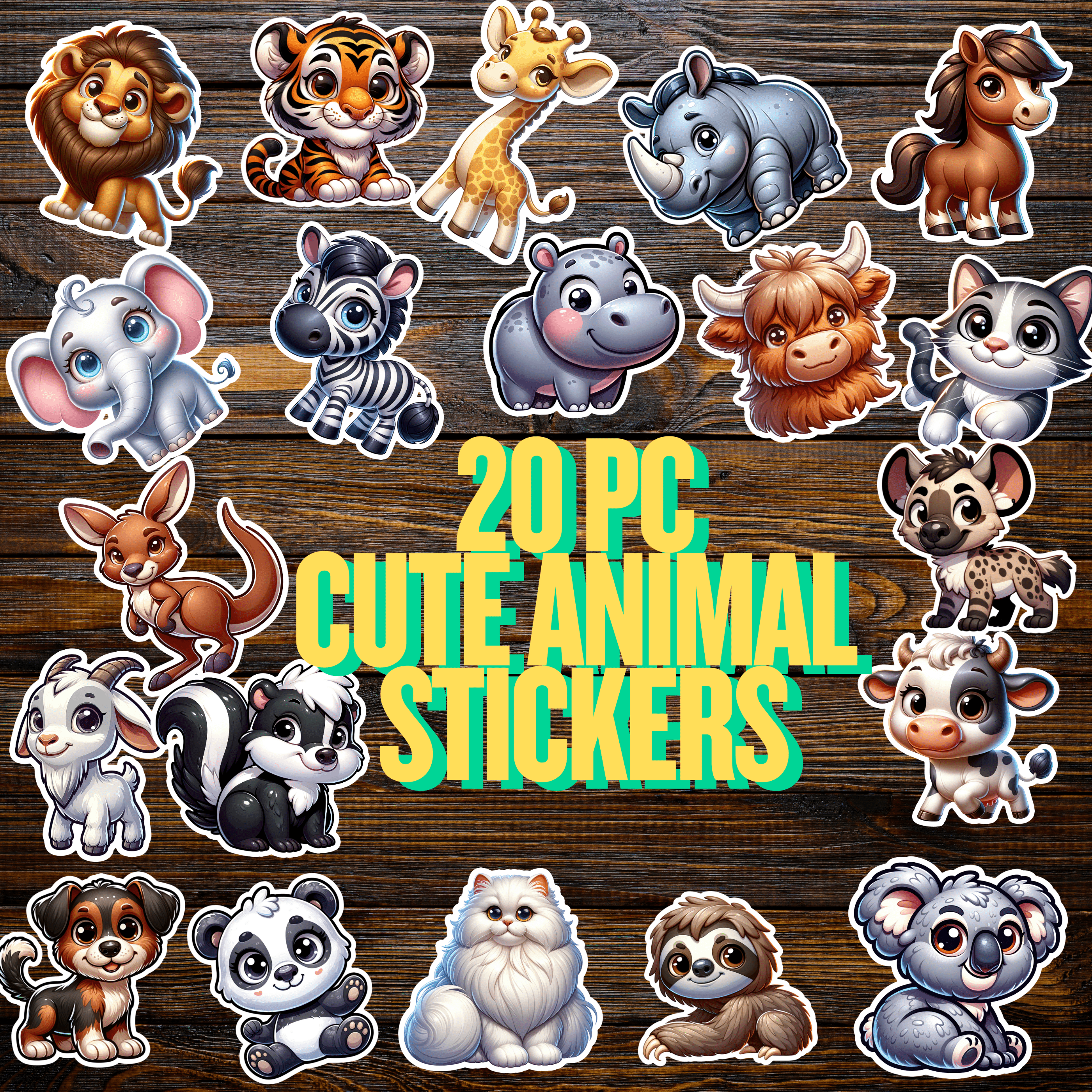 Collection of cute animal sticker pack on a wooden background with text '20 PC. Cute Animal Stickers'.