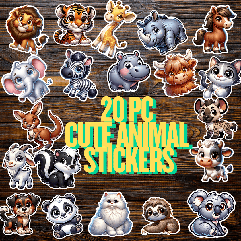 Collection of cute animal sticker pack on a wooden background with text '20 PC. Cute Animal Stickers'.