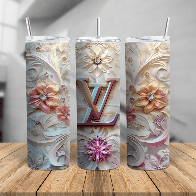 20oz skinny insulated tumbler with 3D blush pink floral rhinestone wrap, rose gold monogram design, clear lid and metal straw