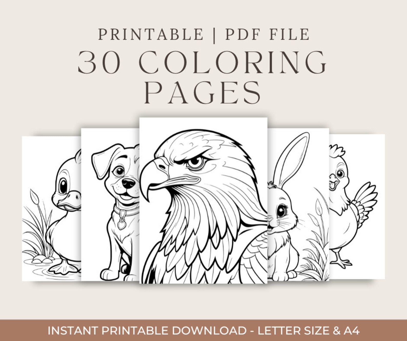 Printable animal coloring pages bundle featuring 30 detailed designs. Instant digital PDF download