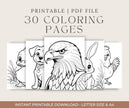 Printable animal coloring pages bundle featuring 30 detailed designs. Instant digital PDF download