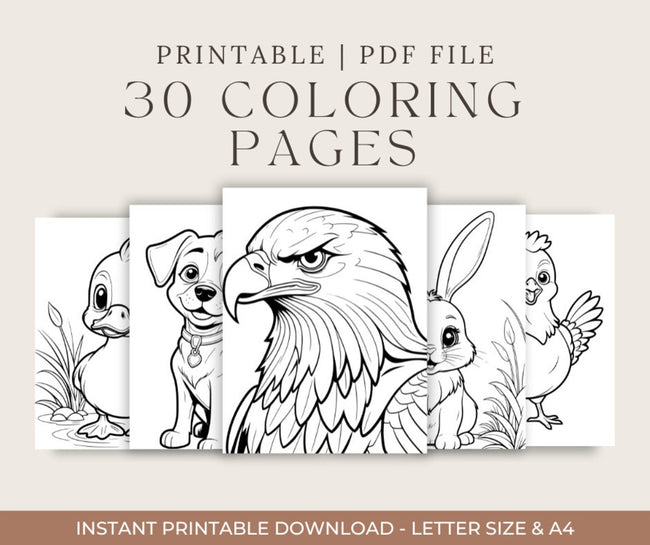 Printable animal coloring pages bundle featuring 30 detailed designs. Instant digital PDF download