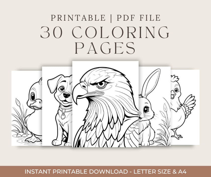 Printable animal coloring pages bundle featuring 30 detailed designs. Instant digital PDF download