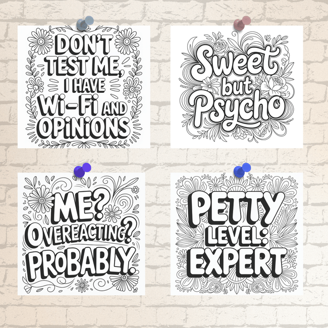 Printable funny adult coloring book with 30 sassy quote designs — bold and humorous coloring pages for stress relief.