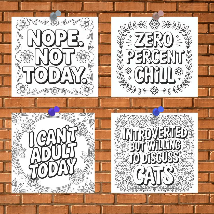 30-page adult coloring set with sassy and sarcastic quotes — fun, stress-relieving printable coloring pages.
