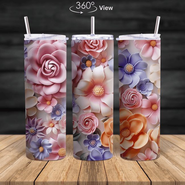 3D floral tumbler with realistic pink, purple, and peach blossoms in a 360-degree wrap design.