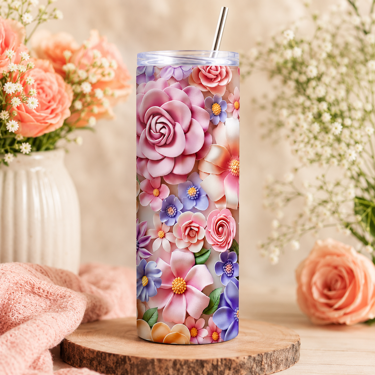 Tumbler with floral design on a wooden surface with flowers in the background