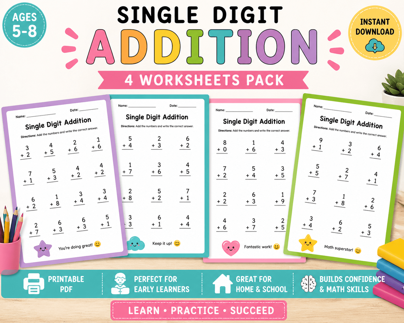 Printable single digit addition worksheets for kids math practice early learning sheets