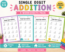 Printable single digit addition worksheets for kids math practice early learning sheets