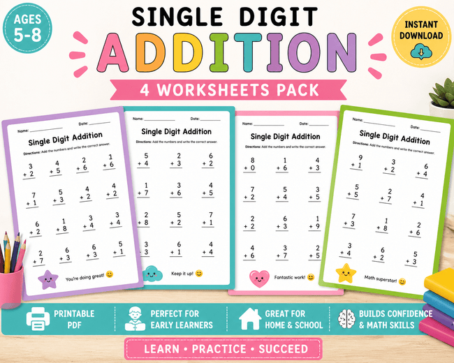 Printable single digit addition worksheets for kids math practice early learning sheets