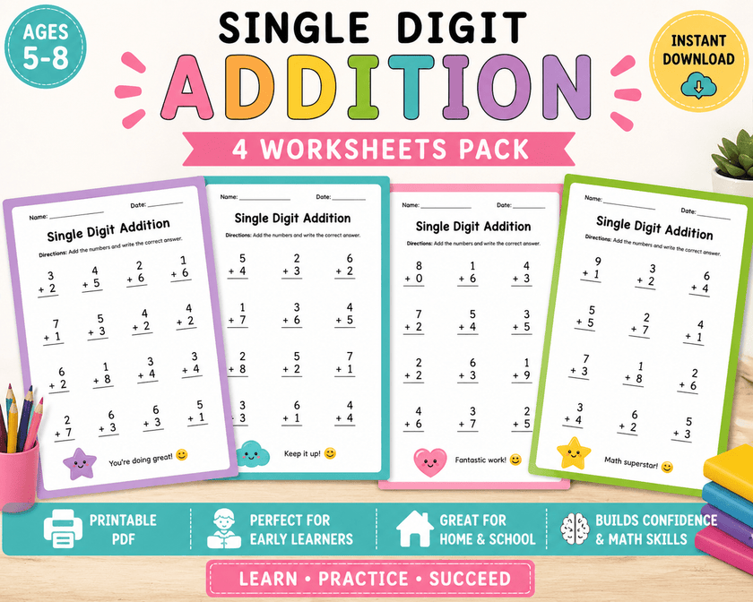 Printable single digit addition worksheets for kids math practice early learning sheets