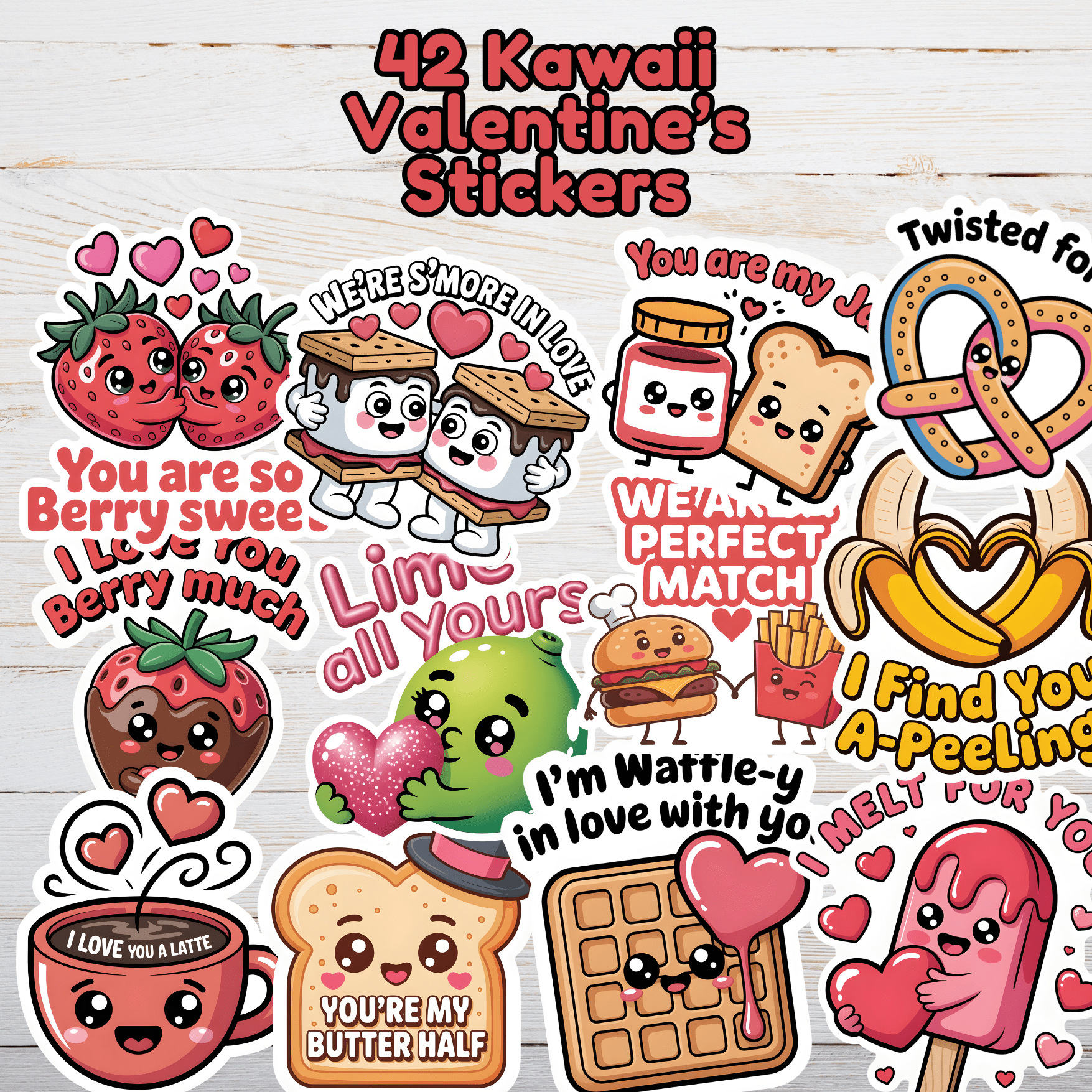 Collection of 42 kawaii Valentine's Day stickers featuring cute food puns like strawberry hugs, s'mores love, latte coffee cup, waffle melting, peanut butter & jelly, pretzel twist, banana hearts, and popsicle romance on wooden background
