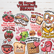 Collection of 42 kawaii Valentine's Day stickers featuring cute food puns like strawberry hugs, s'mores love, latte coffee cup, waffle melting, peanut butter & jelly, pretzel twist, banana hearts, and popsicle romance on wooden background